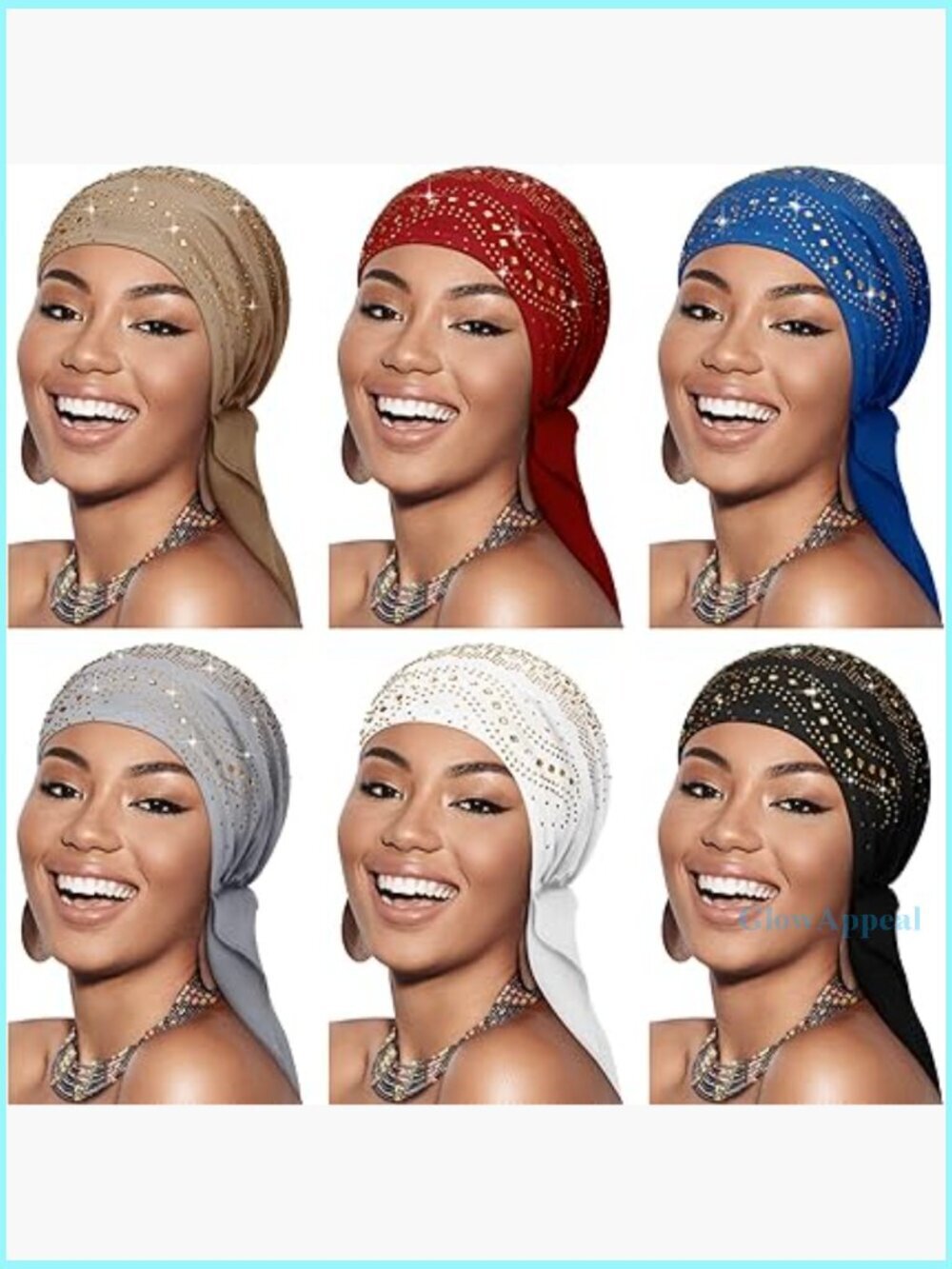 6 Pack Rhinestone Head Wrap Stretchy Pre-Tied Turban Skull Cap Women